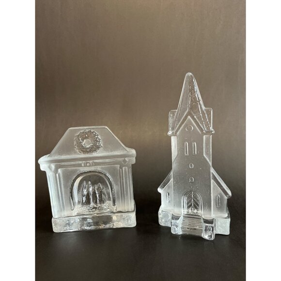 Vtg 1990s–2000s Nybro Sweden Glass Tealight Holders – Fireplace & Church, Scandi - Picture 1 of 5